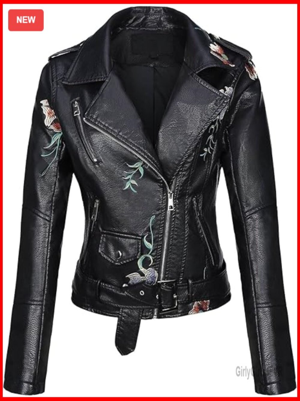 Faux Leather Moto Jacket With Studded Rivets Floral Embroidery Belted